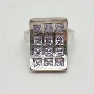 Sterling Silver 925 Curved Windowpane Ring with Light Blue CZ Stones Size 6.75